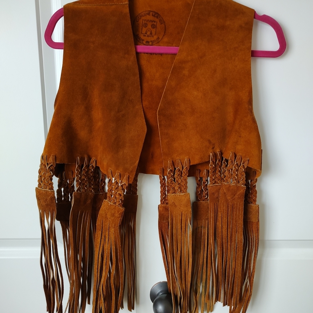 VTG 60s 70s Excelsior Suede Leather Braided Fringe Vest Ladies Small or X Small